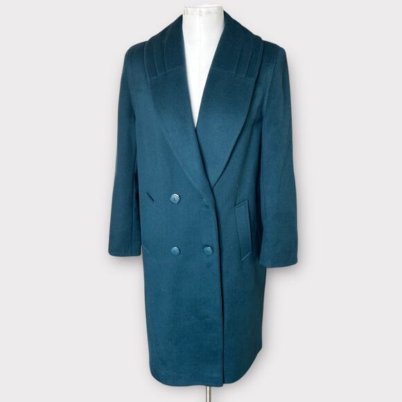 Vintage 80s Alorna Wool Blend Trench Coat Double Breasted Peacock Blue sz M - Picture 1 of 12